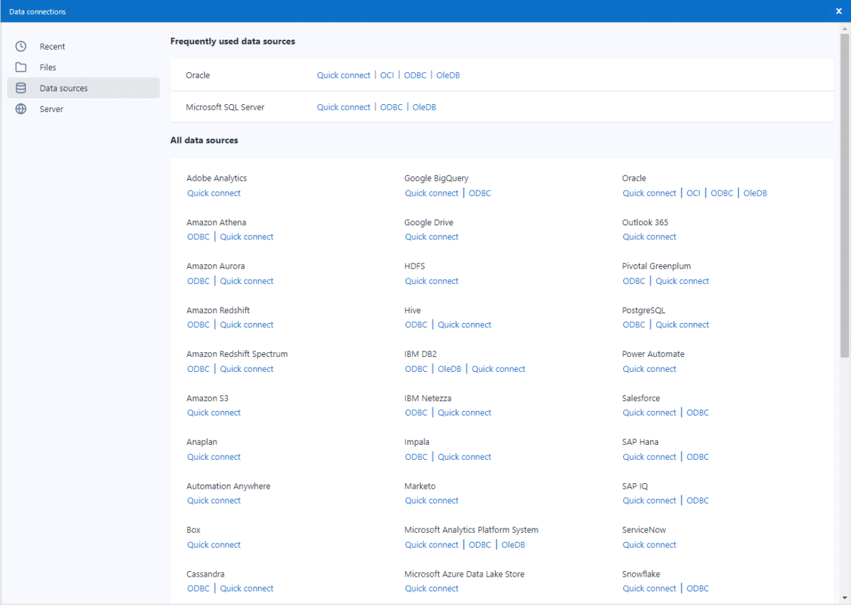 Screenshot from Alteryx showing all data source options