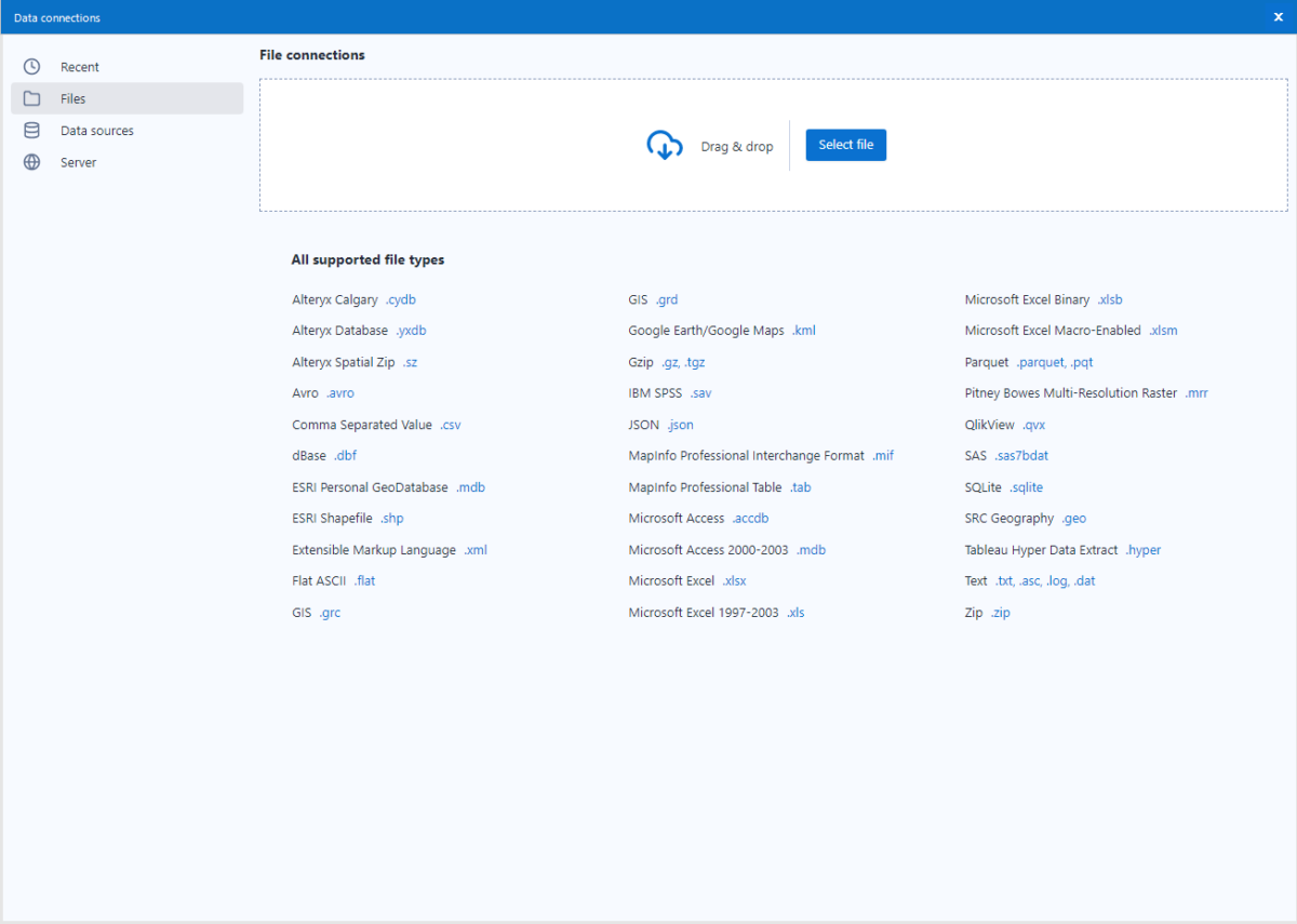 Screenshot from Alteryx showing all supported file formats